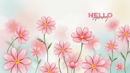 Obraz premium Beautiful Watercolor Style Pink Flowers Greeting Card Design Hello Spring Theme