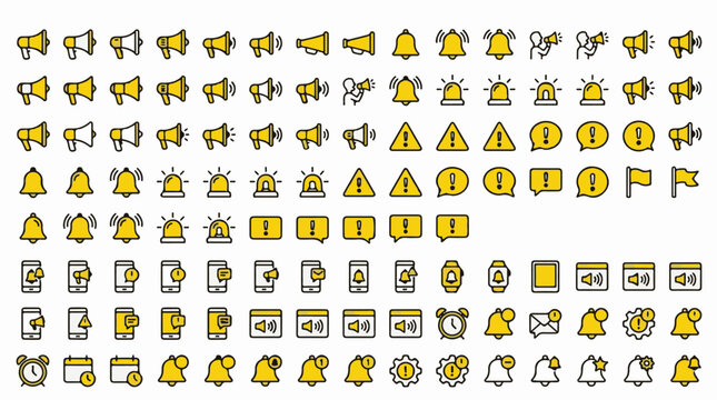 Mega Megaphone Notification Icon Set Yellow Vector Graphics Featuring Bells Sirens Warning Triangles Alarm Clocks And UI UX Alert Elements