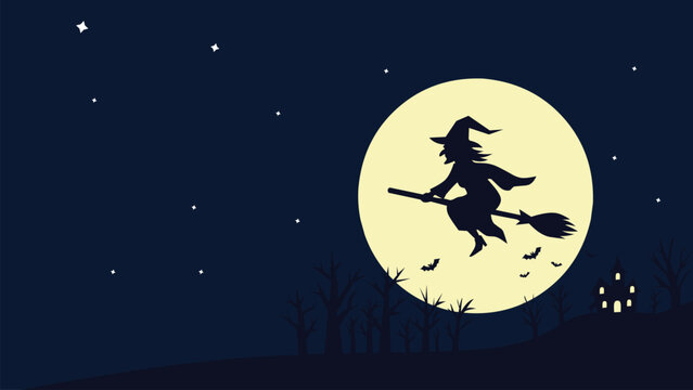 Witch flying on broomstick at night.