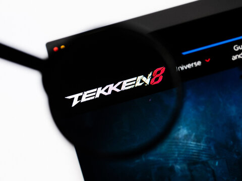 Milan, Italy 2026, 20 Apr Closeup of Tekken 8 website on a laptop screen. Tekken 8 logo under a magnifying glass.