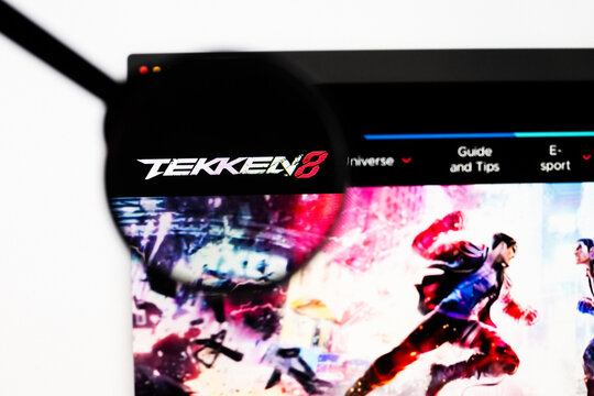 Milan, Italy 2026, 20 Apr Closeup of Tekken 8 website on a laptop screen. Tekken 8 logo under a magnifying glass.