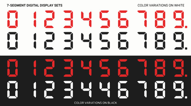 Digital 7 Segment LED Display Number Set Featuring Red and Black Variations and Decimal Points Isolated on White and Black Background Layouts