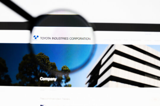 Milan, Italy 2026, 20 Apr Closeup of Toyota Industries website on a laptop screen. Toyota Industries logo under a magnifying glass.
