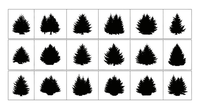 Collection of black silhouettes of various pine trees on white background for graphic design