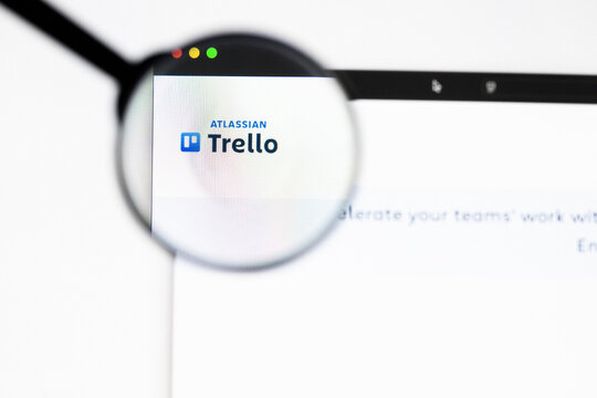 Milan, Italy 2026, 20 Apr Closeup of Trello website on a laptop screen. Trello logo under a magnifying glass.