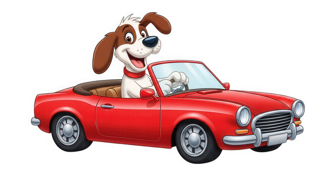 Happy brown and white dog driving a red convertible car isolated on transparent background