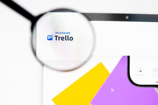 Milan, Italy 2026, 20 Apr Closeup of Trello website on a laptop screen. Trello logo under a magnifying glass.