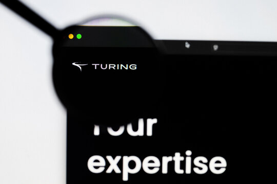 Milan, Italy 2026, 20 Apr Closeup of Turing website on a laptop screen. Turing logo under a magnifying glass.
