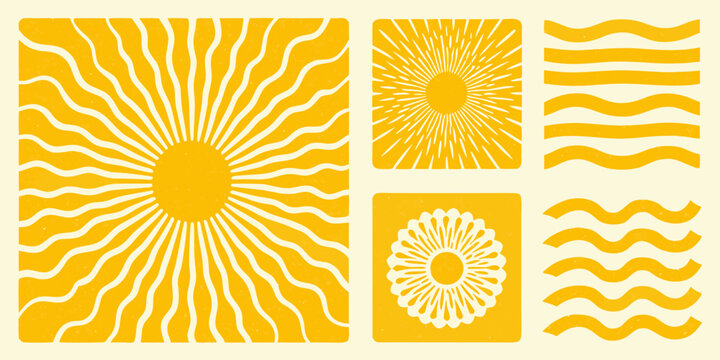 Retro Sunburst Pattern Collection With Grainy Yellow Texture