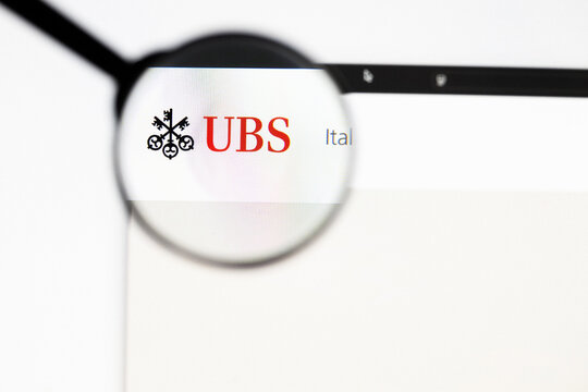 Milan, Italy 2026, 20 Apr Closeup of UBS website on a laptop screen. UBS logo under a magnifying glass.