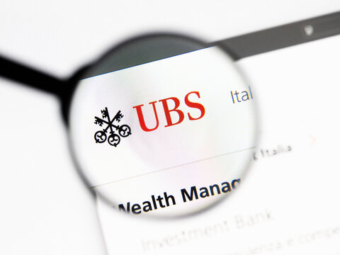 Milan, Italy 2026, 20 Apr Closeup of UBS website on a laptop screen. UBS logo under a magnifying glass.