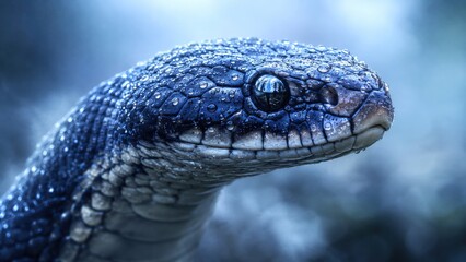 Fototapeta premium Close-up macro shot of a dark blue venomous snake covered in water droplets against a misty, foggy background.