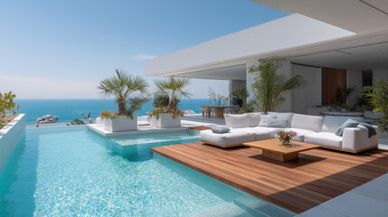Fototapeta premium Luxury modern villa terrace with infinity pool overlooking the ocean