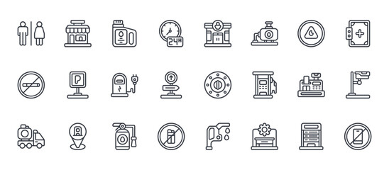 Fototapeta premium 24 outline Gas Station web icons such as information, lighter, cash register, parking sign, Groceries store. Thin vector symbols for report, presentation, web design and mobile app
