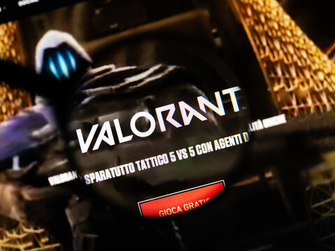 Milan, Italy 2026, 20 Apr Closeup of VALORANT website on a laptop screen. VALORANT logo under a magnifying glass.
