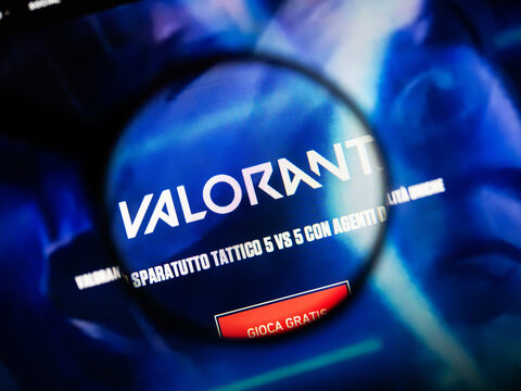 Milan, Italy 2026, 20 Apr Closeup of VALORANT website on a laptop screen. VALORANT logo under a magnifying glass.