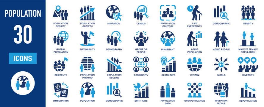 Population and demographics icon set. 30 society growth, migration, census and statistics symbols. Blue flat vector signs