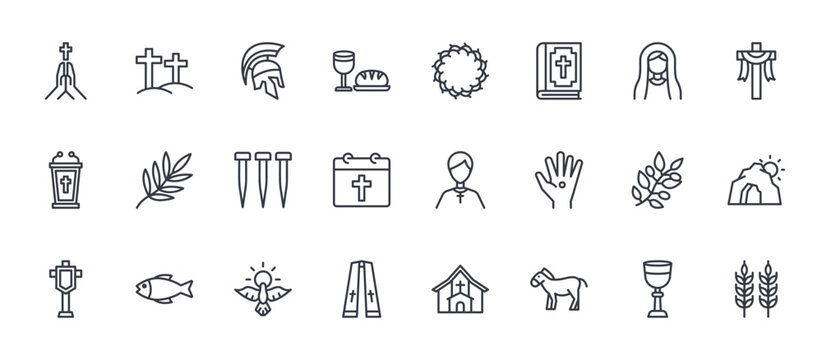 24 outline Holy Weeks web icons such as holy chalice, stole, olive, palm, crown of thorns. Thin vector symbols for report, presentation, web design and mobile app