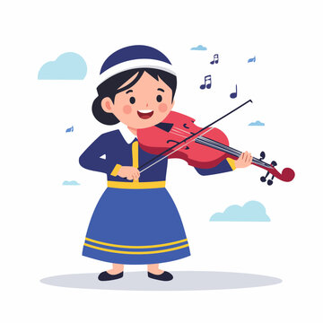 Cartoon girl playing violin with musical notes