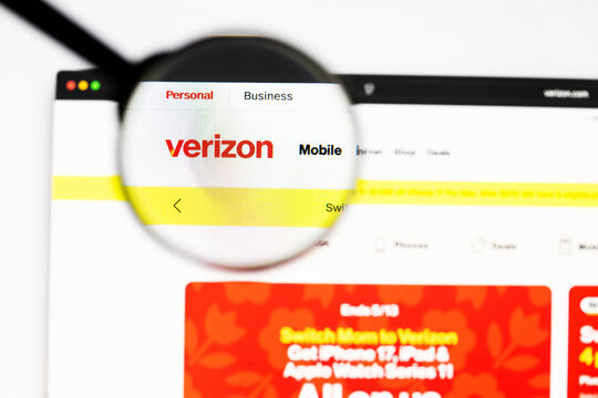 Milan, Italy 2026, 20 Apr Closeup of Verizon Communications website on a laptop screen. Verizon Communications logo under a magnifying glass.