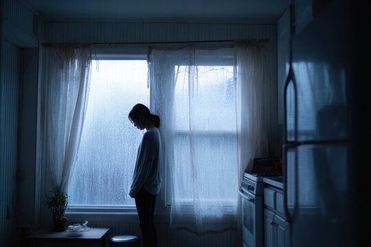 Solitary person by a window in a quiet apartment, moody natural light conveys loneliness
