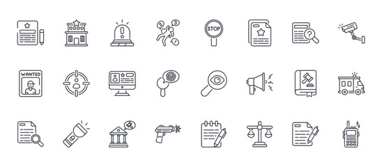 24 outline Police web icons such as contract, gun, law book, target, stop. Thin vector symbols for report, presentation, web design and mobile app © Mia
