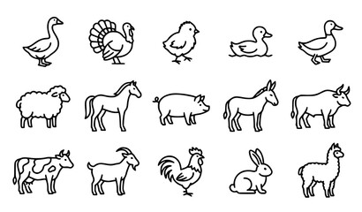 Farm Livestock Line Art Vector Icon Set with Poultry and Domestic Animals © Md