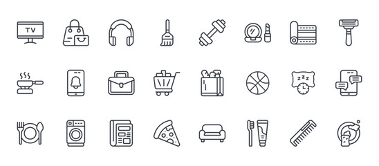 Fototapeta premium 24 outline Daily Routine web icons such as hair comb, pizza, sleep, wake up, dumbbell. Thin vector symbols for report, presentation, web design and mobile app