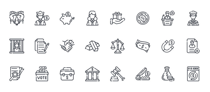 24 outline Corruption web icons such as money bag, bank, steal, contract, gift. Thin vector symbols for report, presentation, web design and mobile app