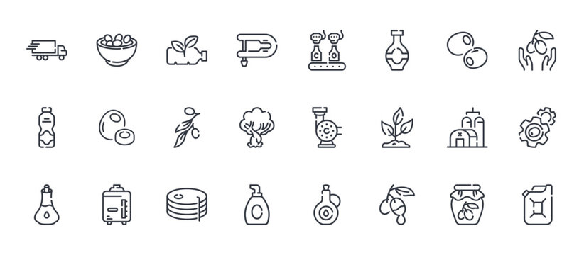24 outline Olive Production web icons such as fermentation, soap, factory, sliced, filling machine. Thin vector symbols for report, presentation, web design and mobile app