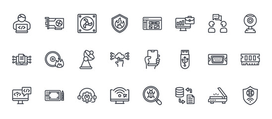 Fototapeta premium 24 outline Information Technology web icons such as scanner, internet, vga, cd burning, wireframe. Thin vector symbols for report, presentation, web design and mobile app