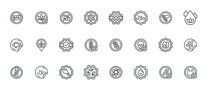 24 outline Product Labeling web icons such as no artificial colours, natural, egg, plant, label. Thin vector symbols for report, presentation, web design and mobile app