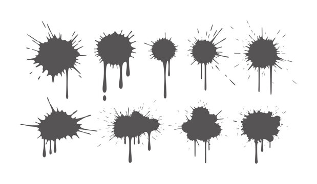 Collection of dark grey ink splatters with dripping liquid