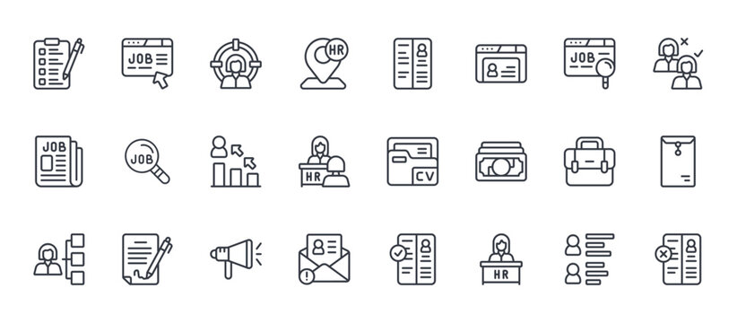 24 outline Hiring Process web icons such as skills, letter, briefcase, job search, curriculum vitae. Thin vector symbols for report, presentation, web design and mobile app