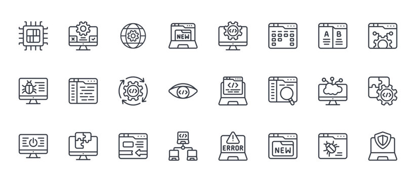 24 outline Software Testing web icons such as debug, deployment, edge computing, code, software testing. Thin vector symbols for report, presentation, web design and mobile app