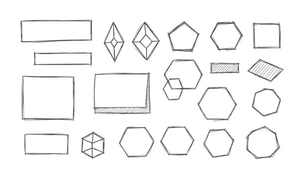 Collection of hand drawn sketchy geometric shapes and frames handdrawn
