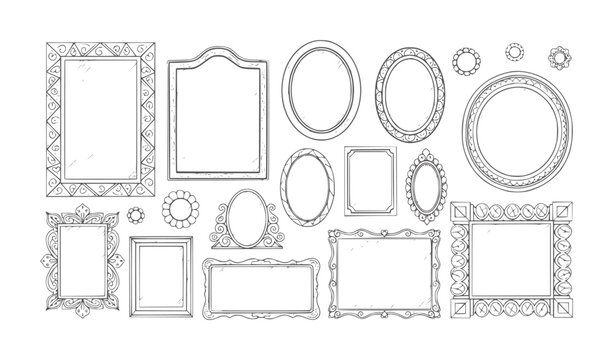Collection of hand drawn decorative mirror frames in various shapes and sizes vintage