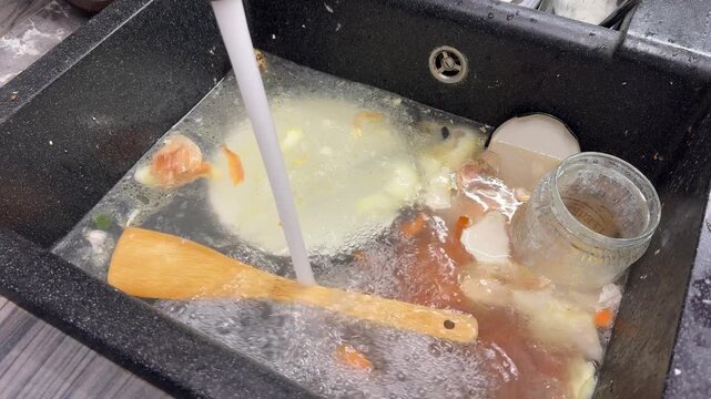 Clogged kitchen sink caused by food waste buildup, grease deposits, and hair accumulation can block drains, leading to flooding risks. Prevent with strainers and hot water rinses