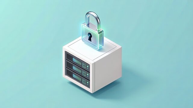 3D Isometric Secure Cloud Data Vault and Minimalist White Server Cube with Glowing Cyber Security Padlock on Teal Background