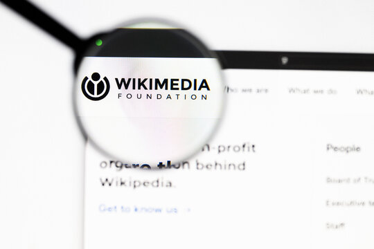 Milan, Italy 2026, 20 Apr Closeup of Wikimedia Foundation website on a laptop screen. Wikimedia Foundation logo under a magnifying glass.