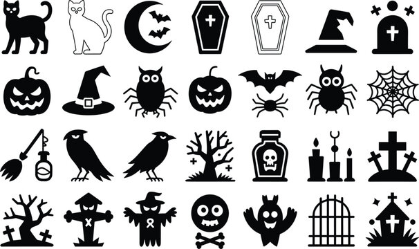 Halloween graveyard elements including tombstones scarecrows owls and haunted tree icons