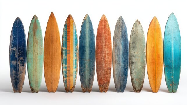 Studio shot of assorted antique wood surfboards, coastal retro aesthetic in minimal composition