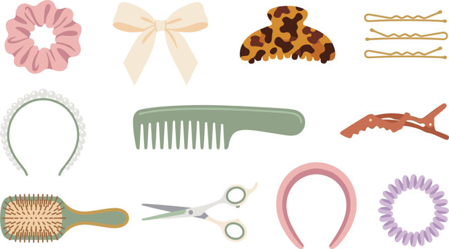 Hair Accessories and Salon Styling Tools Vector Element Set with Scrunchie Bow Claw Clip Headband Brush Comb and Scissors for Beauty Design