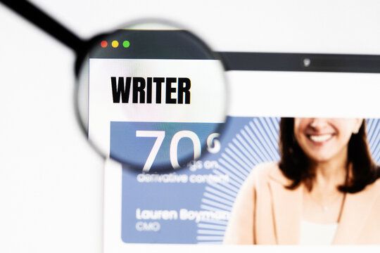Milan, Italy 2026, 20 Apr Closeup of Writer website on a laptop screen. Writer logo under a magnifying glass.