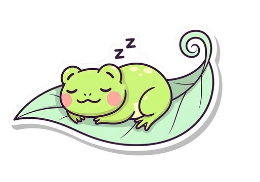 Cute Cartoon Sleeping Frog Resting on Leaf Illustration.