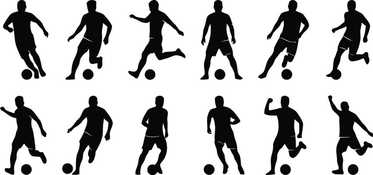 Black silhouettes of soccer players kicking ball