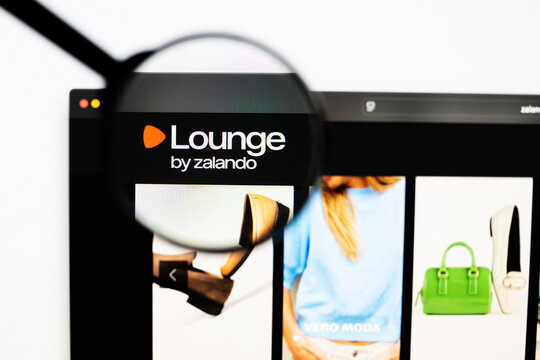 Milan, Italy 2026, 20 Apr Closeup of Zalando Lounge website on a laptop screen. Zalando Lounge logo under a magnifying glass.