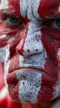 Closeup shot of an Austria fans painted face jaw clenched in anticipation symbolizing fierce loyalty and excitement for their national team.
