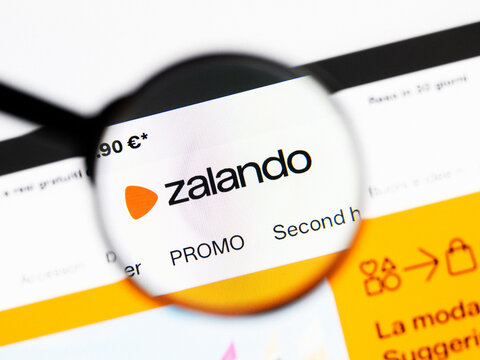 Milan, Italy 2026, 20 Apr Closeup of Zalando website on a laptop screen. Zalando logo under a magnifying glass.