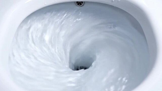Closeup of water swirling and flushing in a white toilet bowl